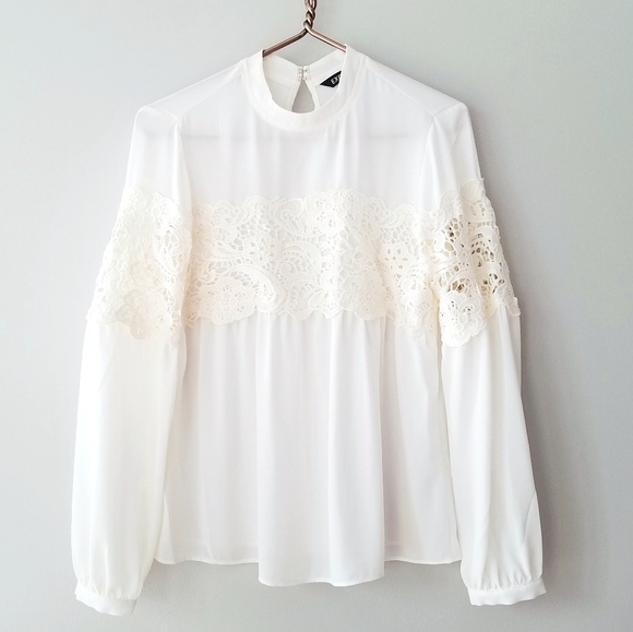 Express Tops - Express | White Lace High Neck Floaty Blouse XS